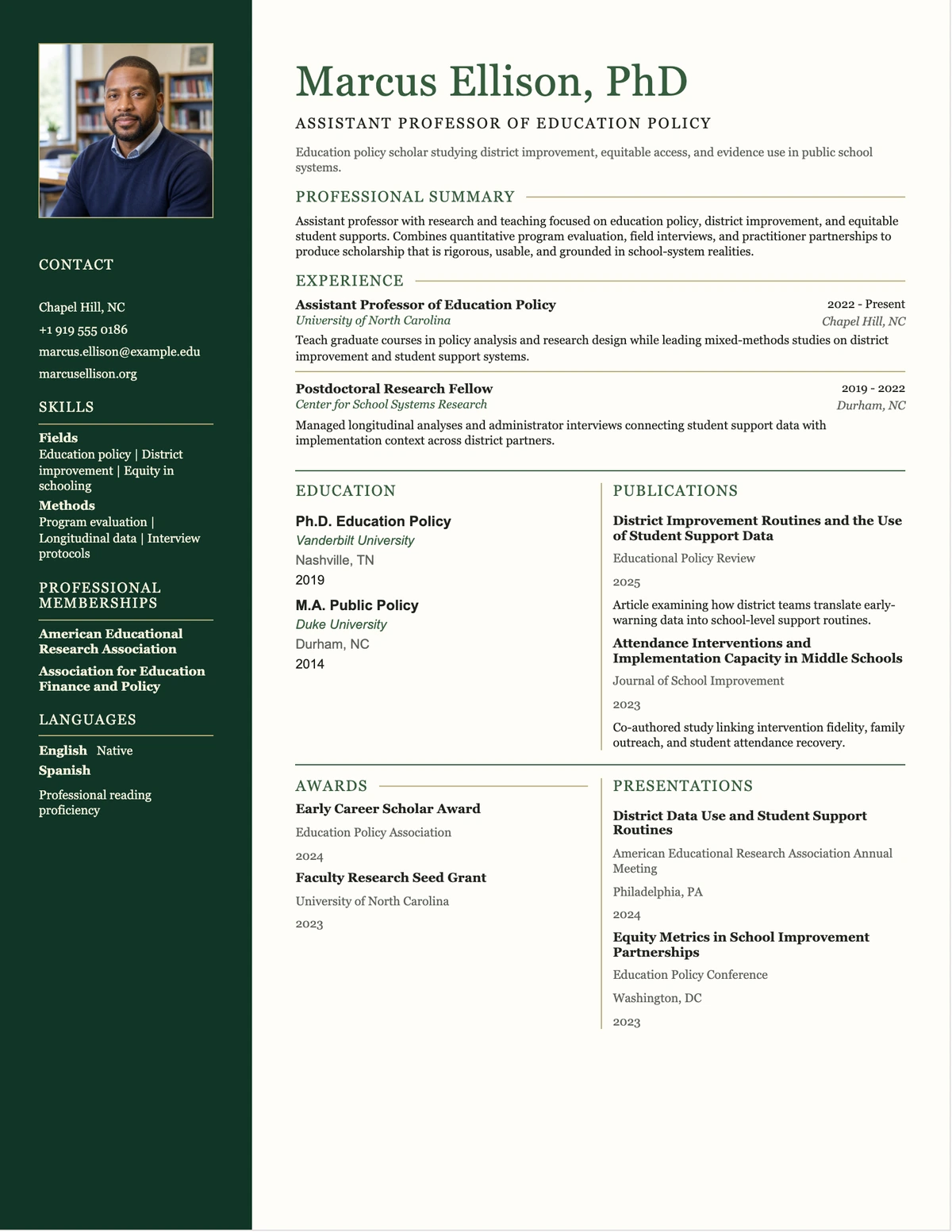 Academic Green Rail resume template preview
