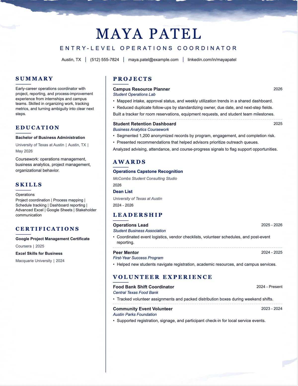Open Column ATS resume template preview